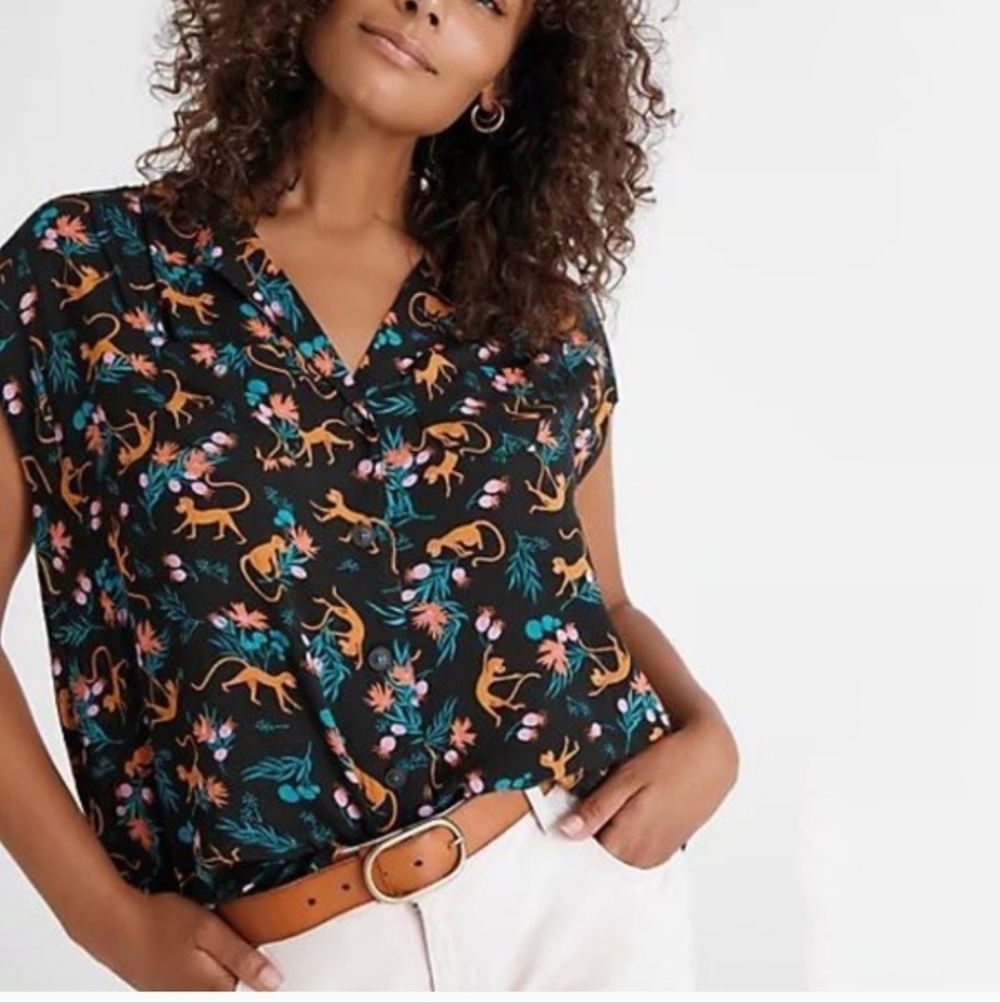 Maeve Anthropologie Monkey Safari Print Button Down Top XS